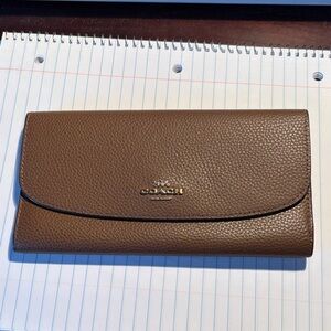 Coach Brown Pebbled Leather Flap Continental Wallet with Gold Logo